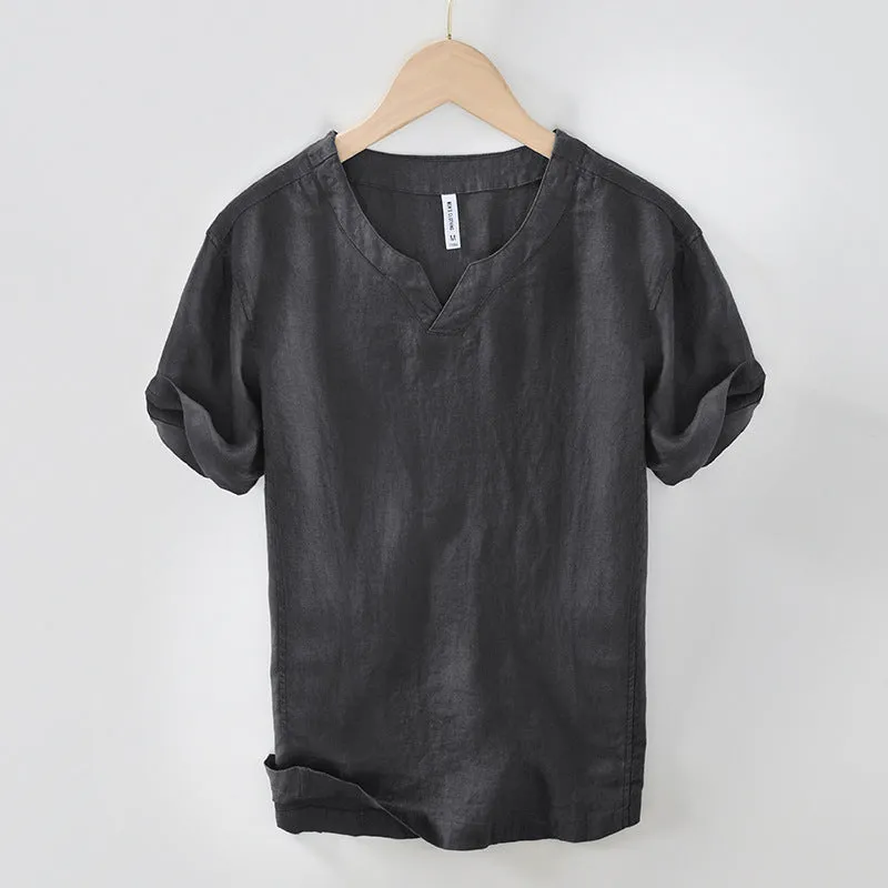Simple casual linen T-shirt top in khaki, short sleeves, pullover style