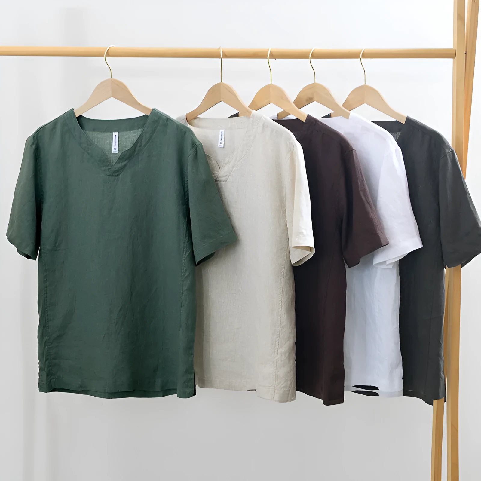 Simple casual linen T-shirt top in khaki, short sleeves, pullover style