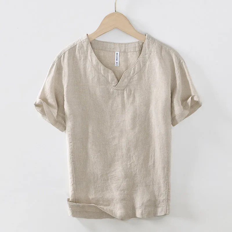 Simple casual linen T-shirt top in khaki, short sleeves, pullover style