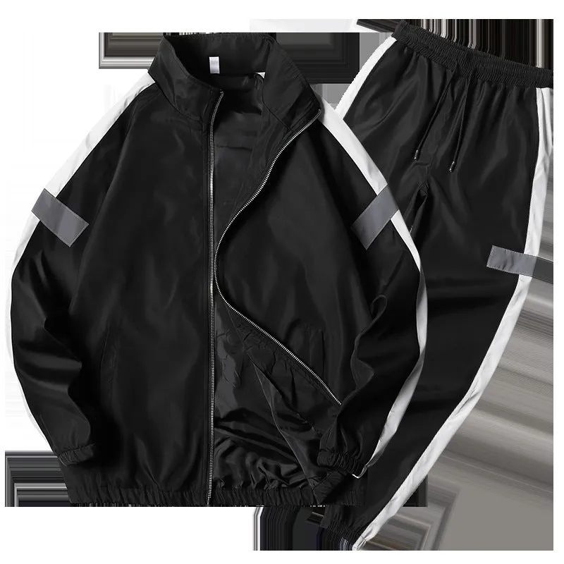 Men's polyester sportswear suit with stand collar jacket and loose fit trousers in black