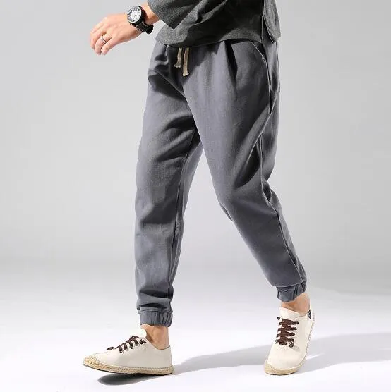 Irukite men's high waist loose fit winter trousers in black with plus velvet lining and belt