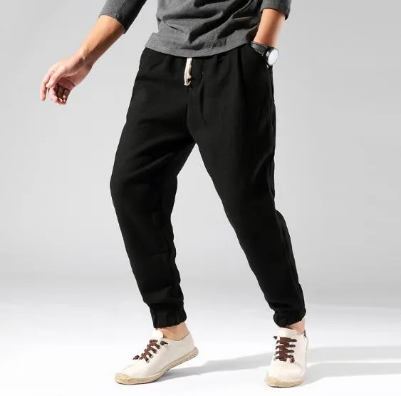 Irukite men's high waist loose fit winter trousers in black with plus velvet lining and belt