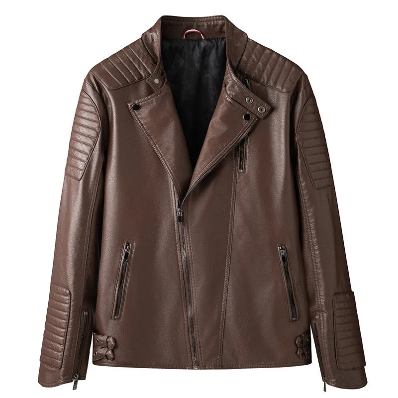 Men's PU leather motorcycle jacket in black, regular fit, zip front with zipper pockets, full length view