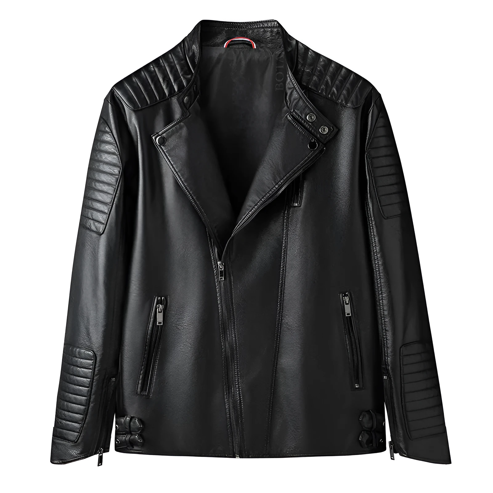Men's PU leather motorcycle jacket in black, regular fit, zip front with zipper pockets, full length view