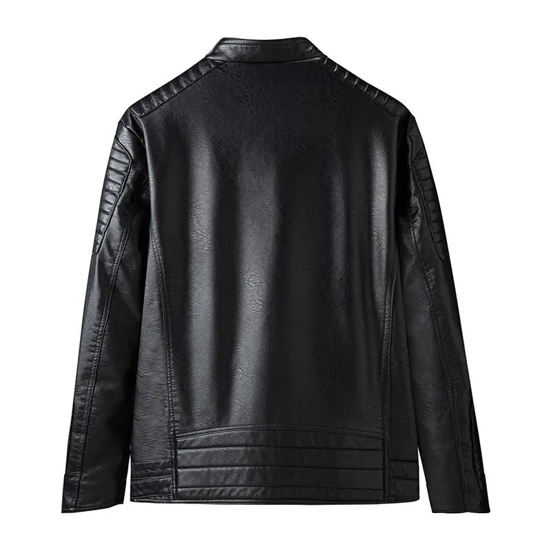 Men's PU leather motorcycle jacket in black, regular fit, zip front with zipper pockets, full length view