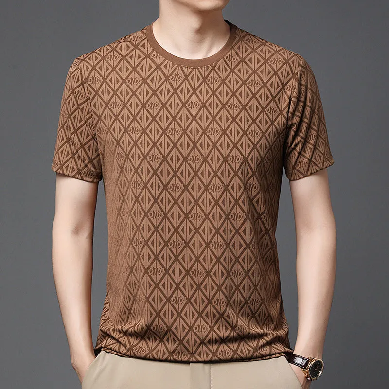 Men's loose-fit black short sleeve T-shirt made from Ice Silk Jacquard fabric.