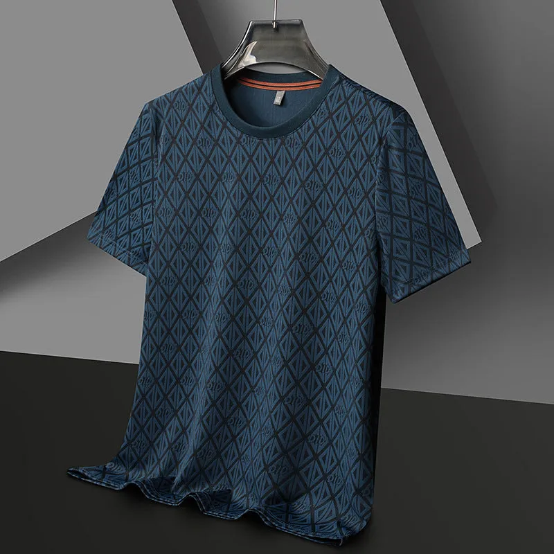 Men's loose-fit black short sleeve T-shirt made from Ice Silk Jacquard fabric.