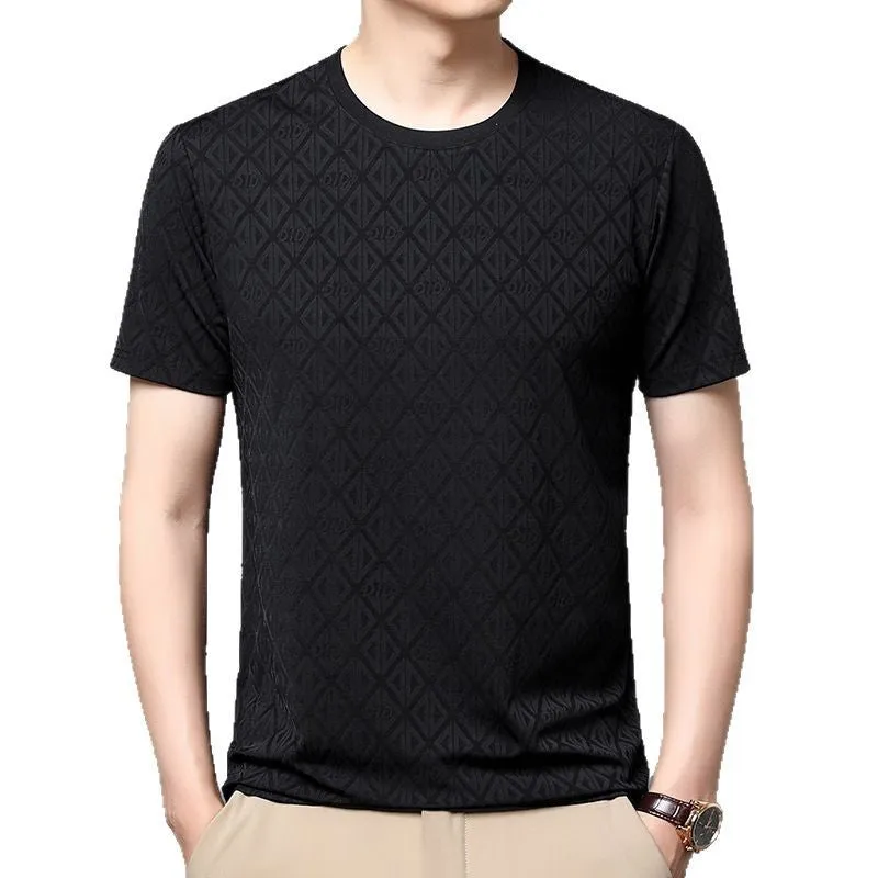 Men's loose-fit black short sleeve T-shirt made from Ice Silk Jacquard fabric.