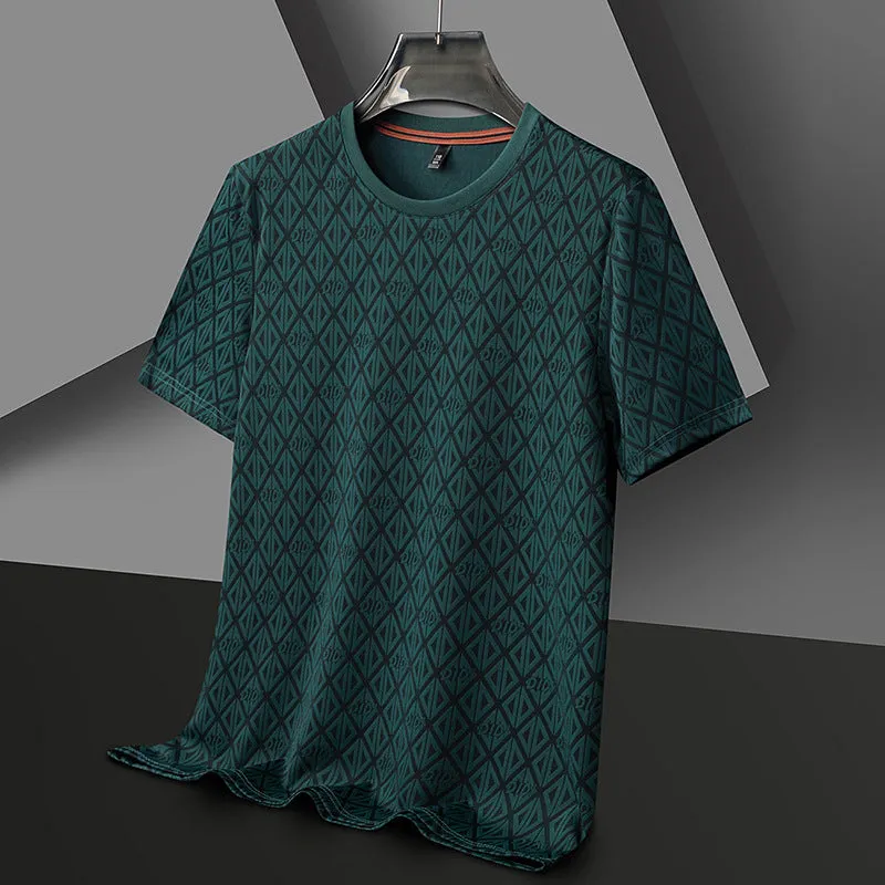 Men's loose-fit black short sleeve T-shirt made from Ice Silk Jacquard fabric.