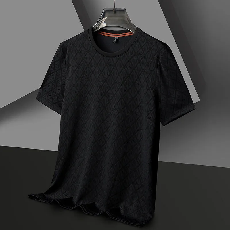 Men's loose-fit black short sleeve T-shirt made from Ice Silk Jacquard fabric.