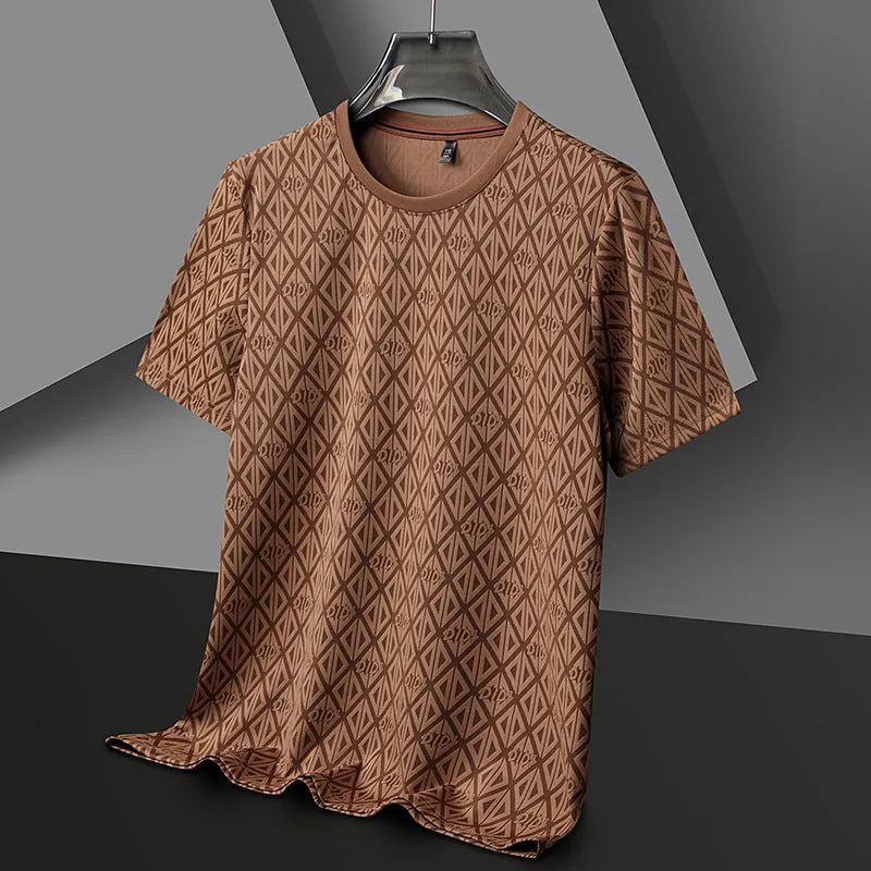 Men's loose-fit black short sleeve T-shirt made from Ice Silk Jacquard fabric.