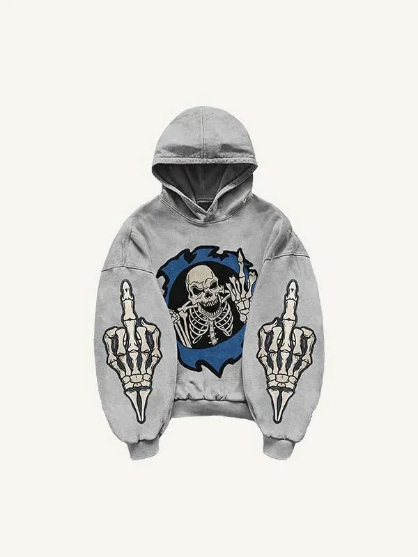 Fashion casual printed polyester sweater in grey, shown on model, full front view.