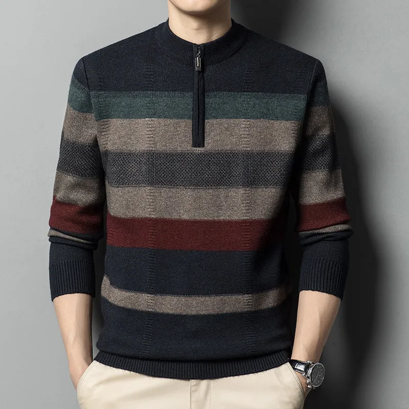 Men's contrasting striped pure wool knitted sweater in dark gray, slim fit pullover style, long sleeves