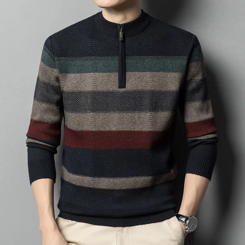 Men's contrasting striped pure wool knitted sweater in dark gray, slim fit pullover style, long sleeves