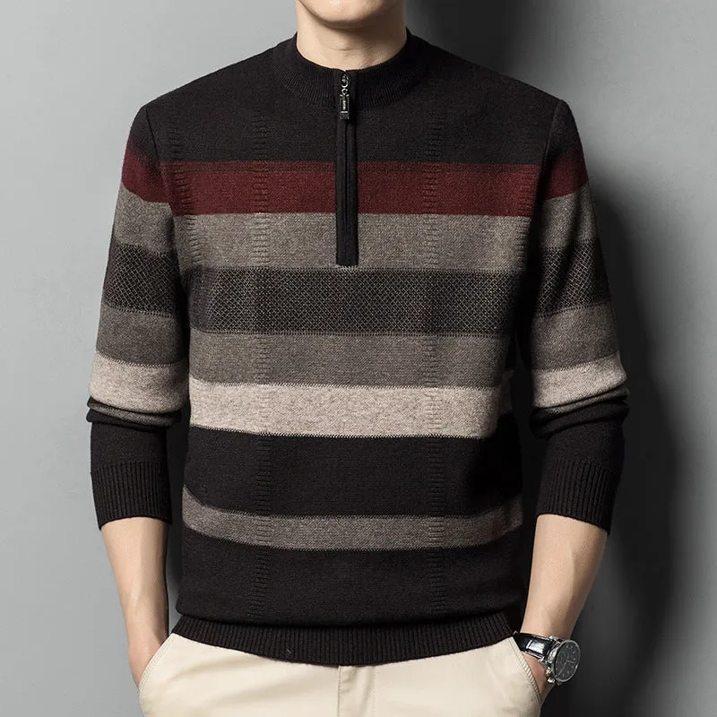 Men's contrasting striped pure wool knitted sweater in dark gray, slim fit pullover style, long sleeves