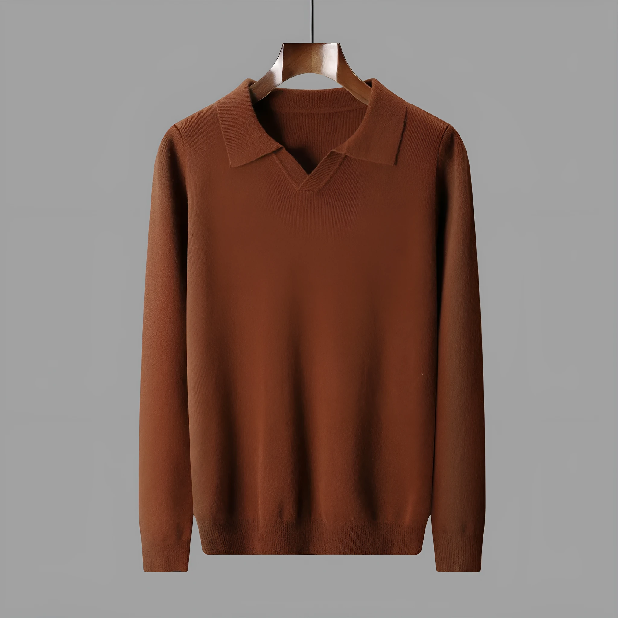 Men's dark gray wool polo collar knitted long sleeve sweater loose fit pullover
