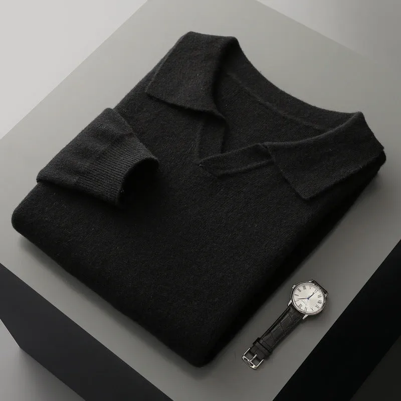 Men's dark gray wool polo collar knitted long sleeve sweater loose fit pullover