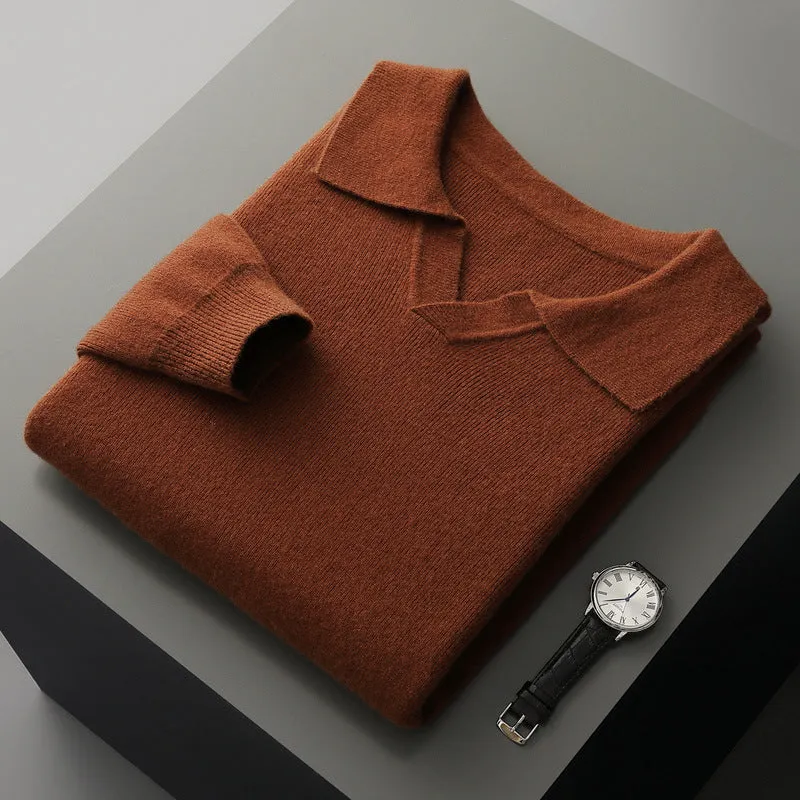 Men's dark gray wool polo collar knitted long sleeve sweater loose fit pullover