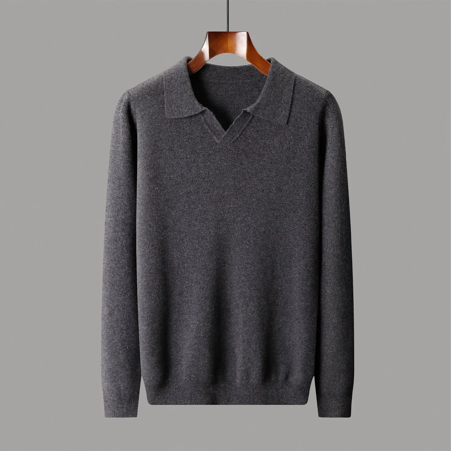 Men's dark gray wool polo collar knitted long sleeve sweater loose fit pullover