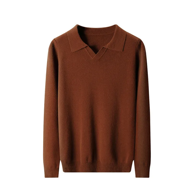 Men's dark gray wool polo collar knitted long sleeve sweater loose fit pullover