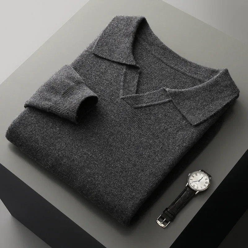 Men's dark gray wool polo collar knitted long sleeve sweater loose fit pullover