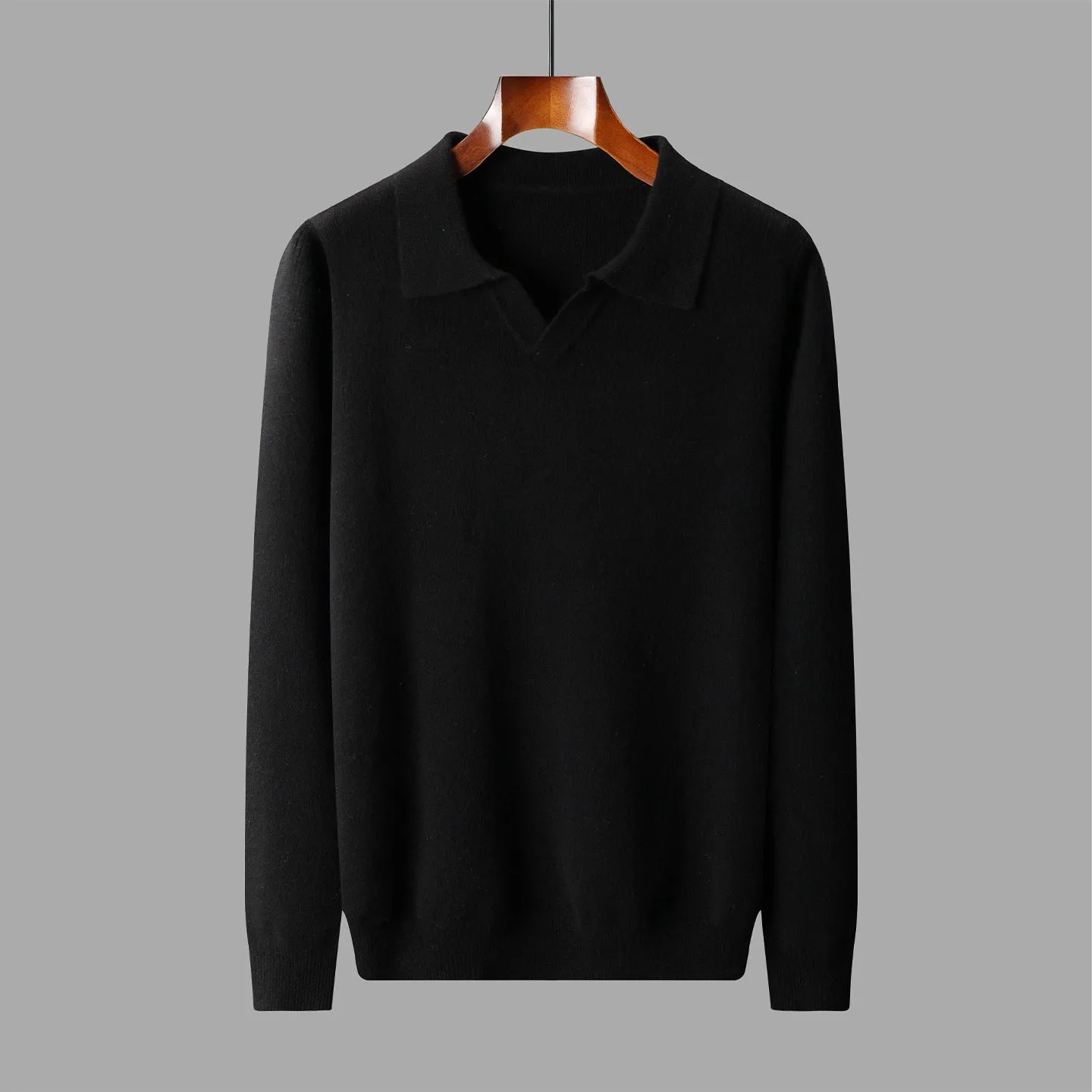 Men's dark gray wool polo collar knitted long sleeve sweater loose fit pullover