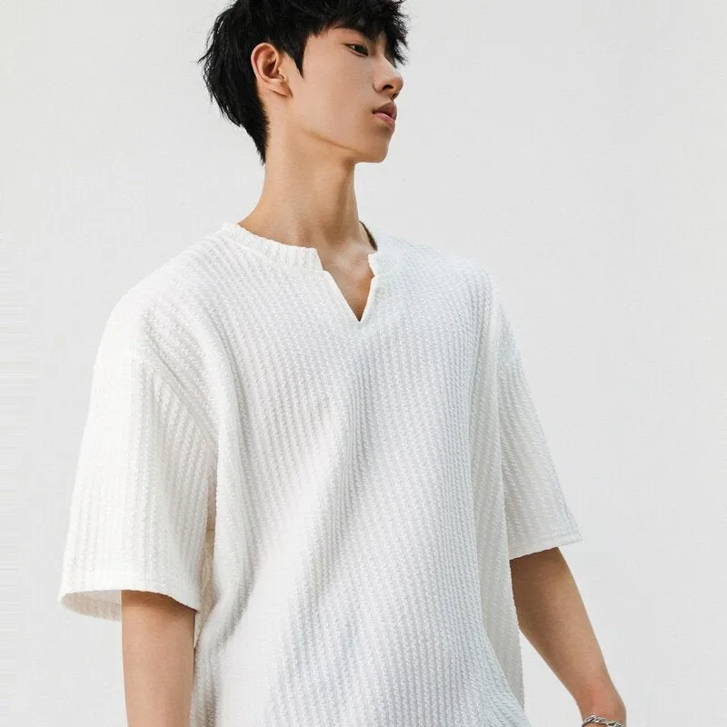Men's casual loose fit short sleeve V-neck t-shirt in solid beige colour with drop shoulder design