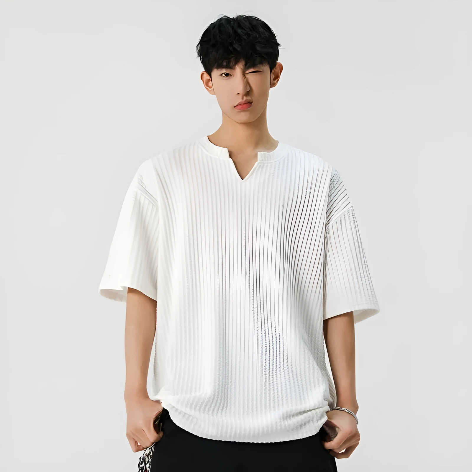 Men's casual loose fit short sleeve V-neck t-shirt in solid beige colour with drop shoulder design