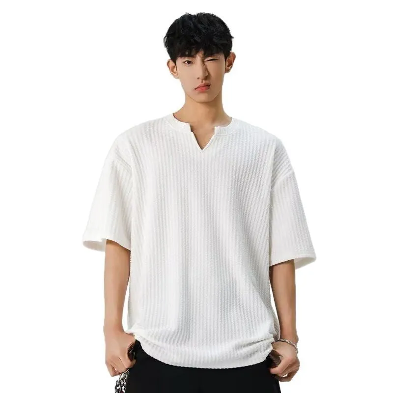 Men's casual loose fit short sleeve V-neck t-shirt in solid beige colour with drop shoulder design