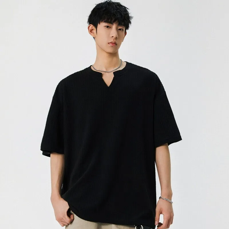 Men's casual loose fit short sleeve V-neck t-shirt in solid beige colour with drop shoulder design