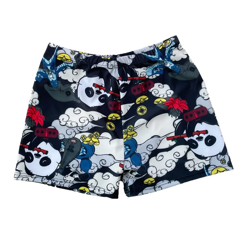 Men's loose-fit polyester swim trunks in dark blue with large flower print, three sizes available