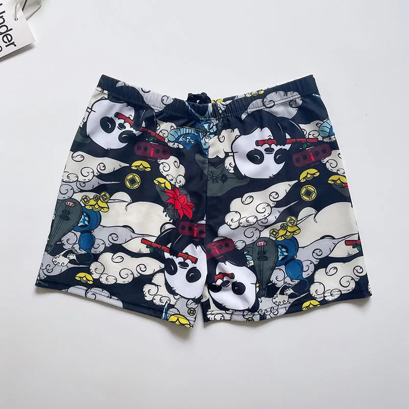 Men's loose-fit polyester swim trunks in dark blue with large flower print, three sizes available