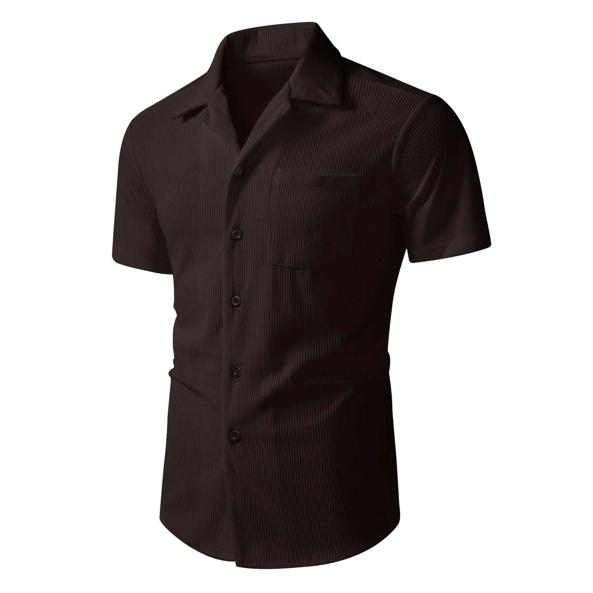 Men's casual short-sleeve corduroy open-front shirt in loose fit cardigan style, available in black, white, blue, brown