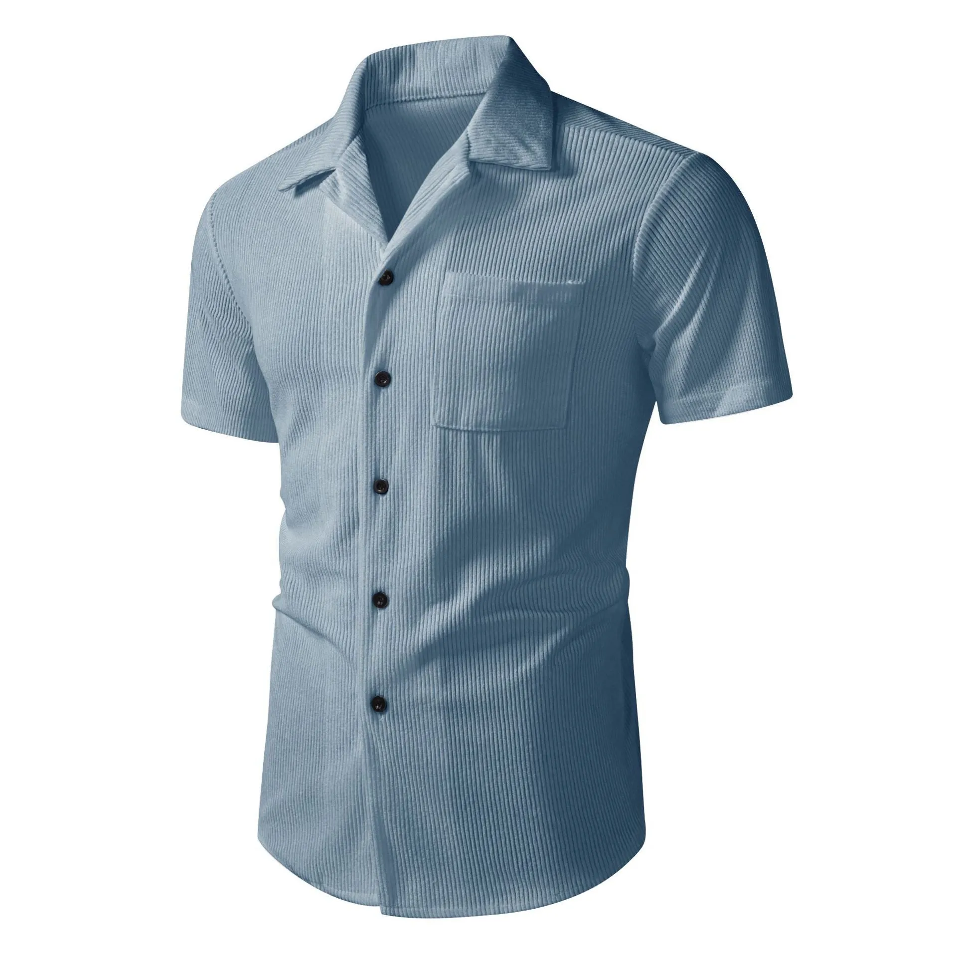 Men's casual short-sleeve corduroy open-front shirt in loose fit cardigan style, available in black, white, blue, brown