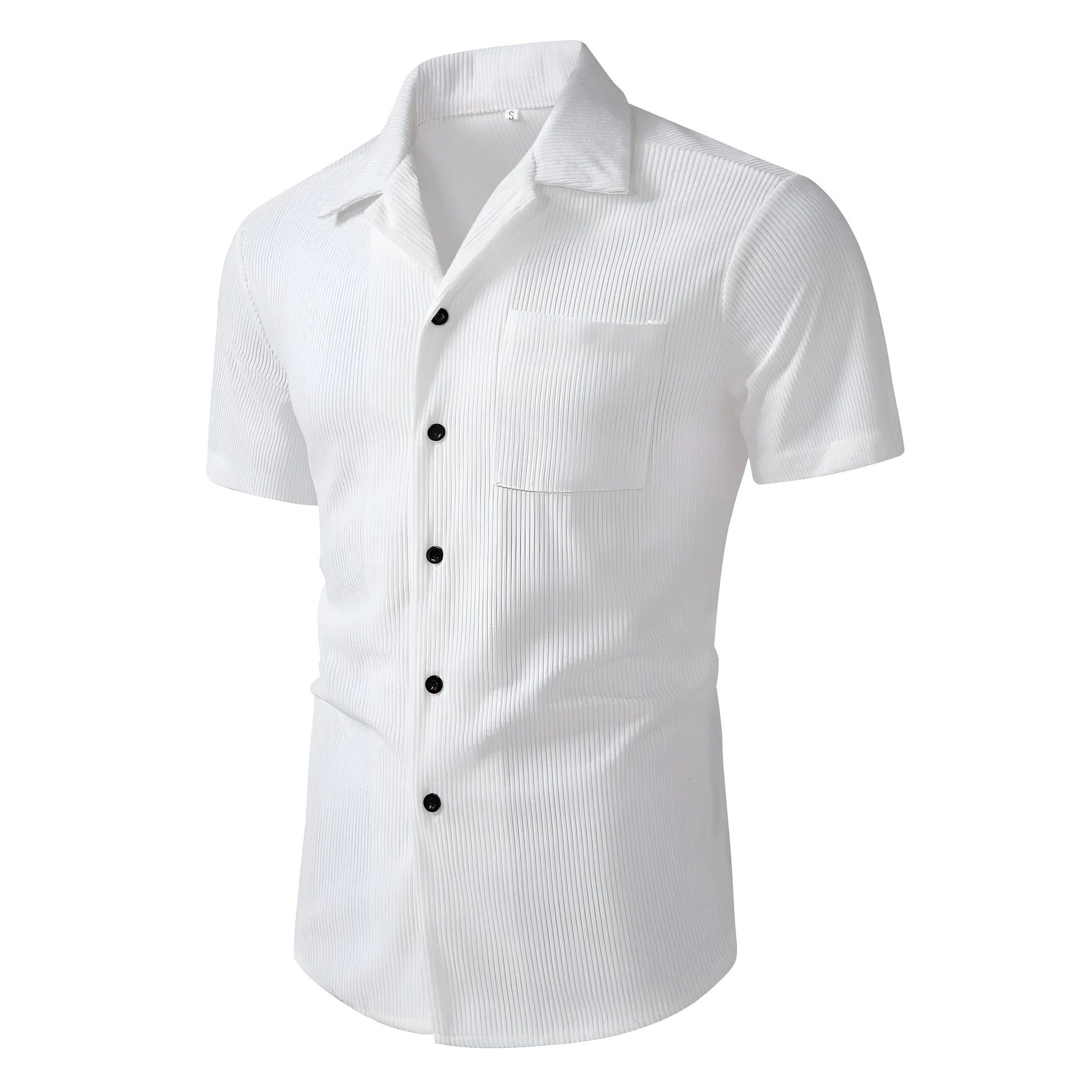 Men's casual short-sleeve corduroy open-front shirt in loose fit cardigan style, available in black, white, blue, brown