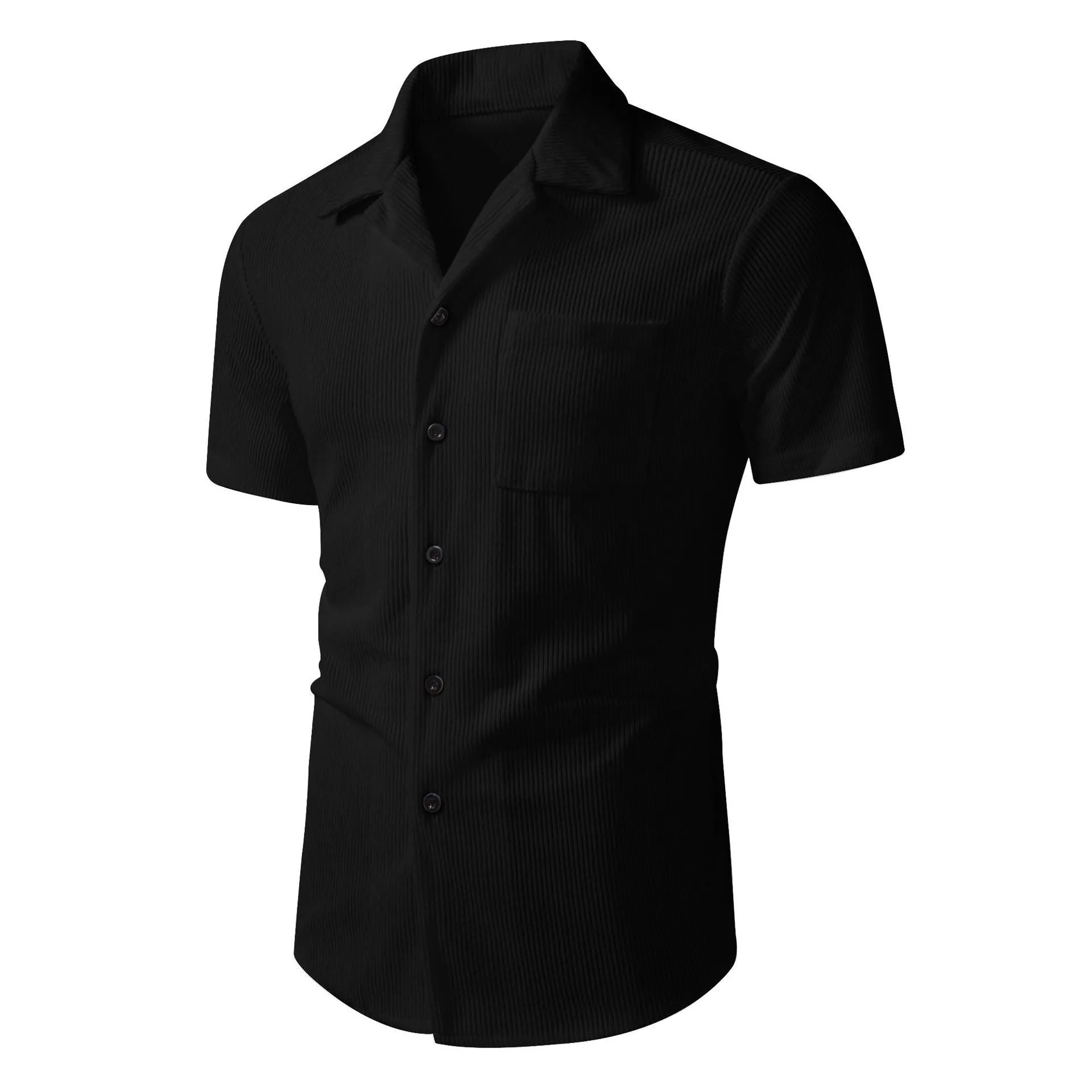 Men's casual short-sleeve corduroy open-front shirt in loose fit cardigan style, available in black, white, blue, brown