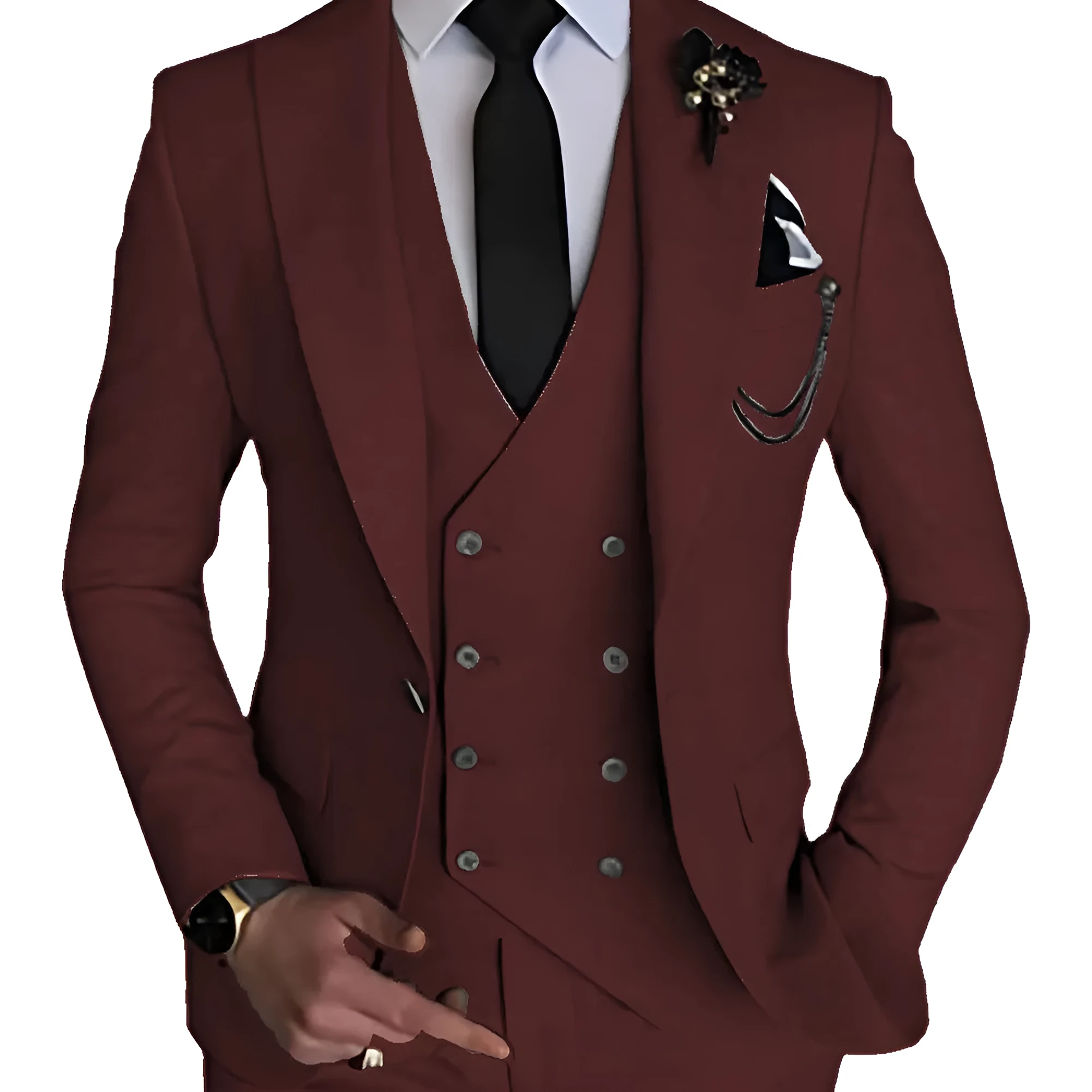 Men's cotton slim fit three-piece suit in deep green with jacket, waistcoat, and trousers