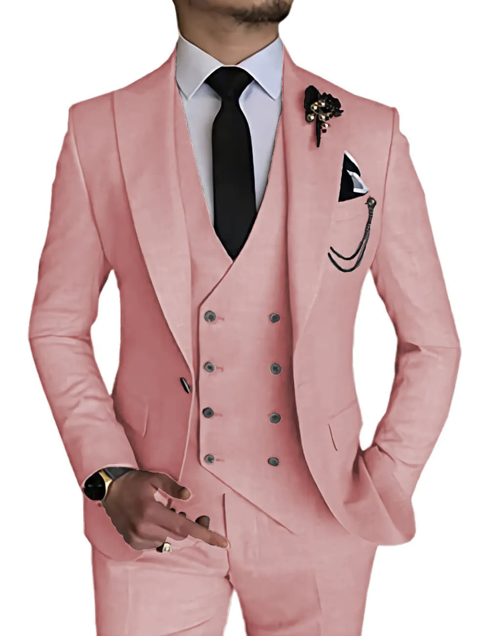 Men's cotton slim fit three-piece suit in deep green with jacket, waistcoat, and trousers