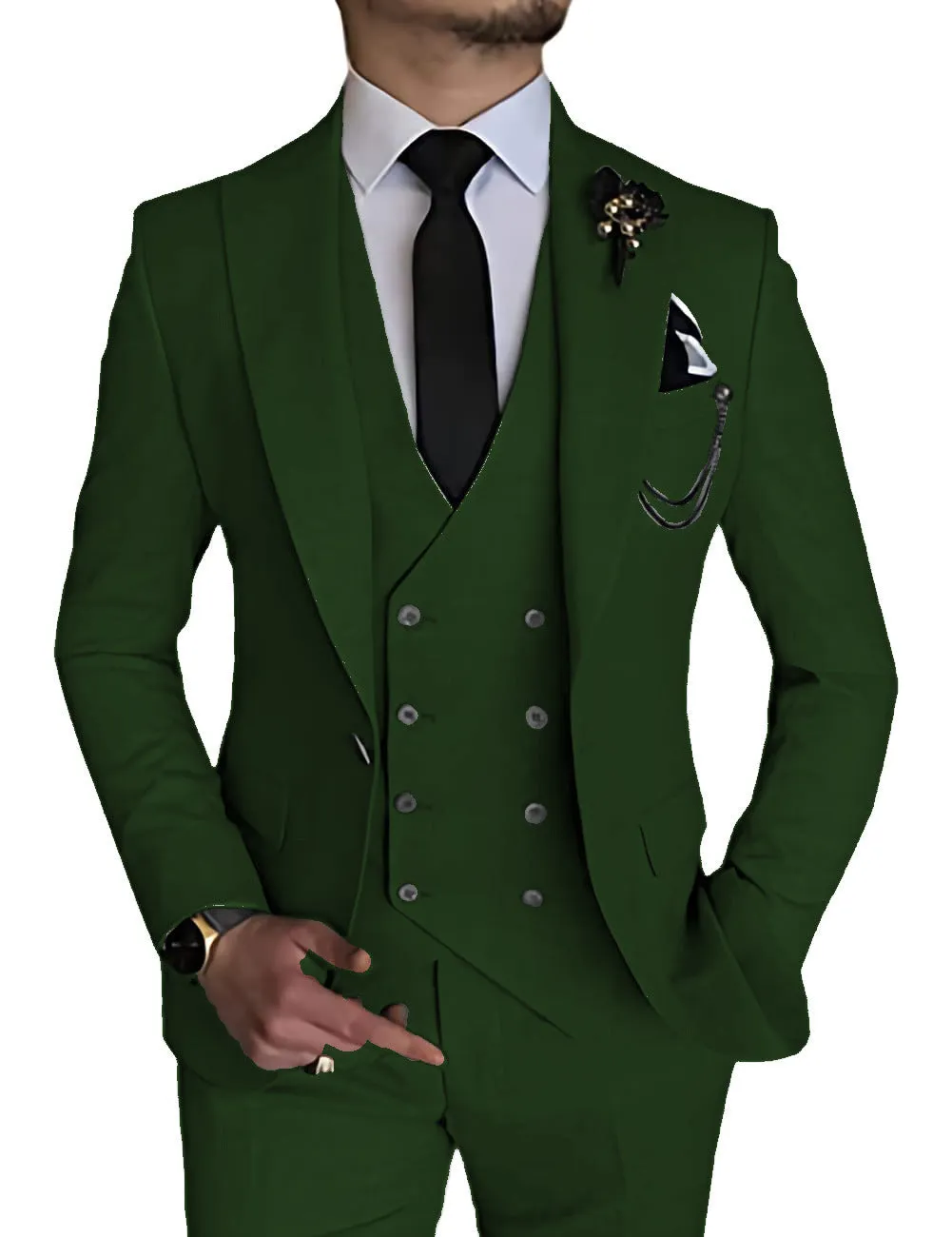 Men's cotton slim fit three-piece suit in deep green with jacket, waistcoat, and trousers
