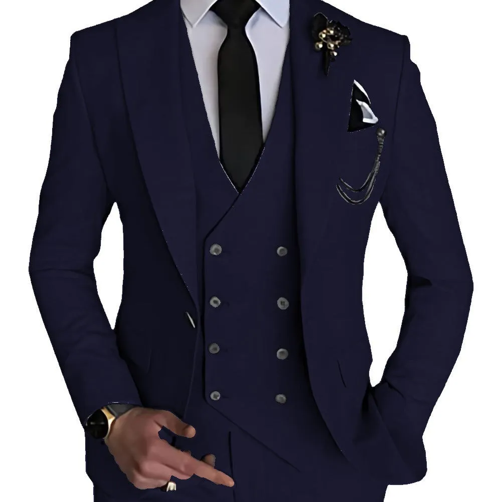 Men's cotton slim fit three-piece suit in deep green with jacket, waistcoat, and trousers