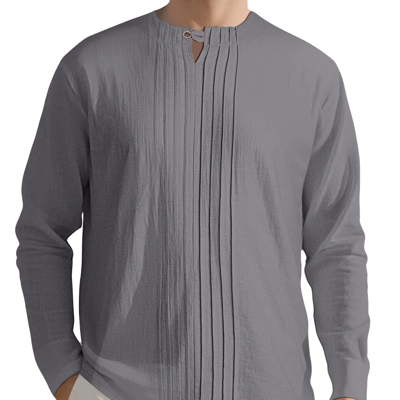 Men's casual long sleeve solid colour linen style top in polyester, available in Black, White, Khaki, Light Gray, Ocean Green, Light Blue
