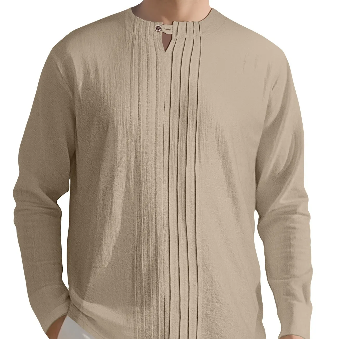 Men's casual long sleeve solid colour linen style top in polyester, available in Black, White, Khaki, Light Gray, Ocean Green, Light Blue