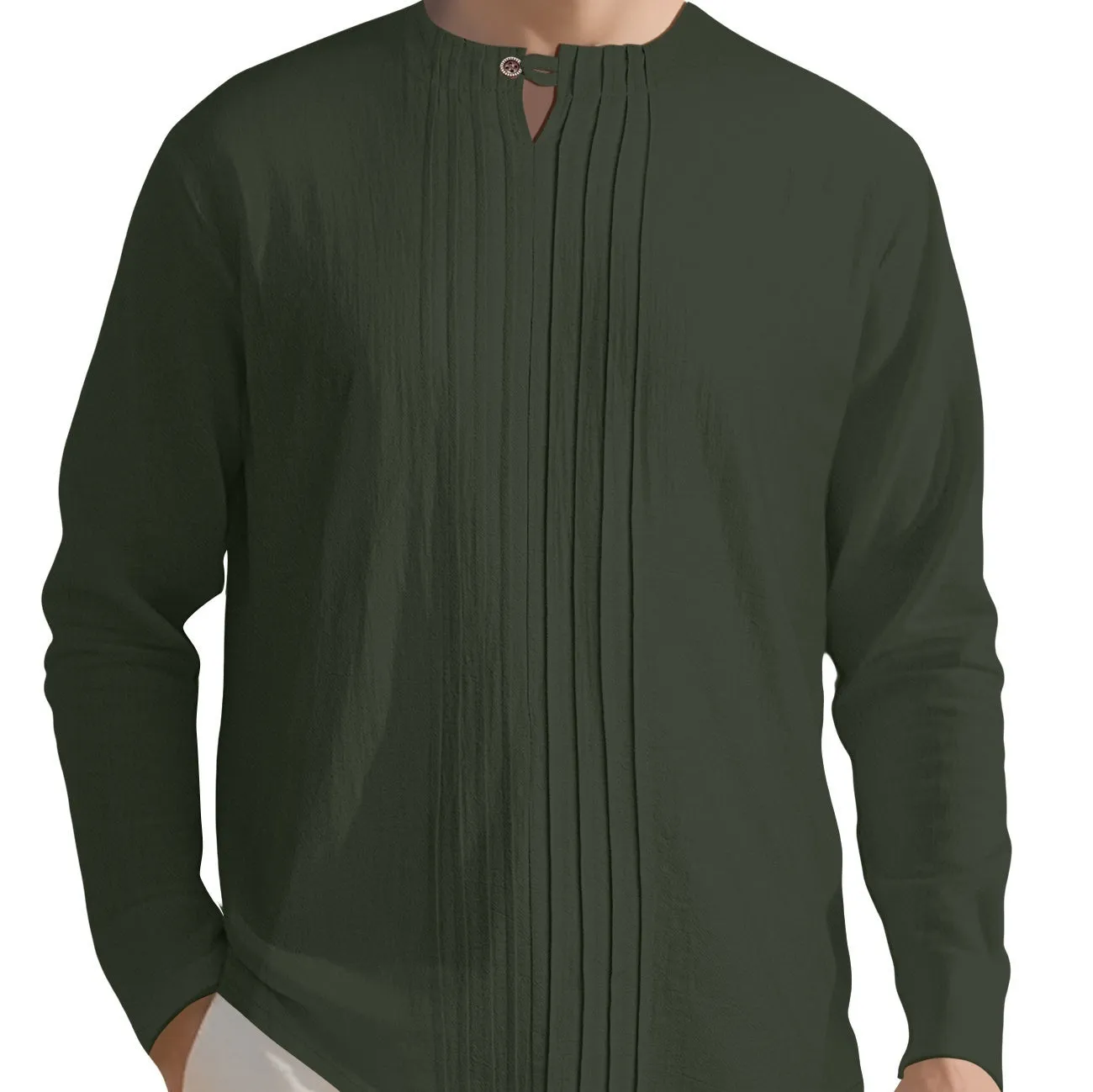 Men's casual long sleeve solid colour linen style top in polyester, available in Black, White, Khaki, Light Gray, Ocean Green, Light Blue