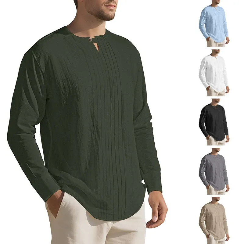 Men's casual long sleeve solid colour linen style top in polyester, available in Black, White, Khaki, Light Gray, Ocean Green, Light Blue