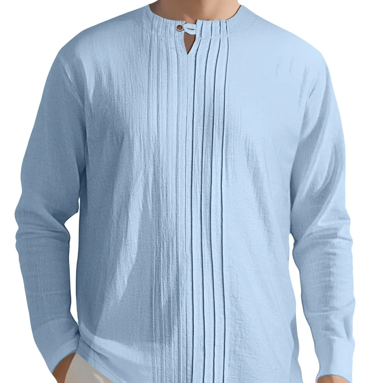 Men's casual long sleeve solid colour linen style top in polyester, available in Black, White, Khaki, Light Gray, Ocean Green, Light Blue