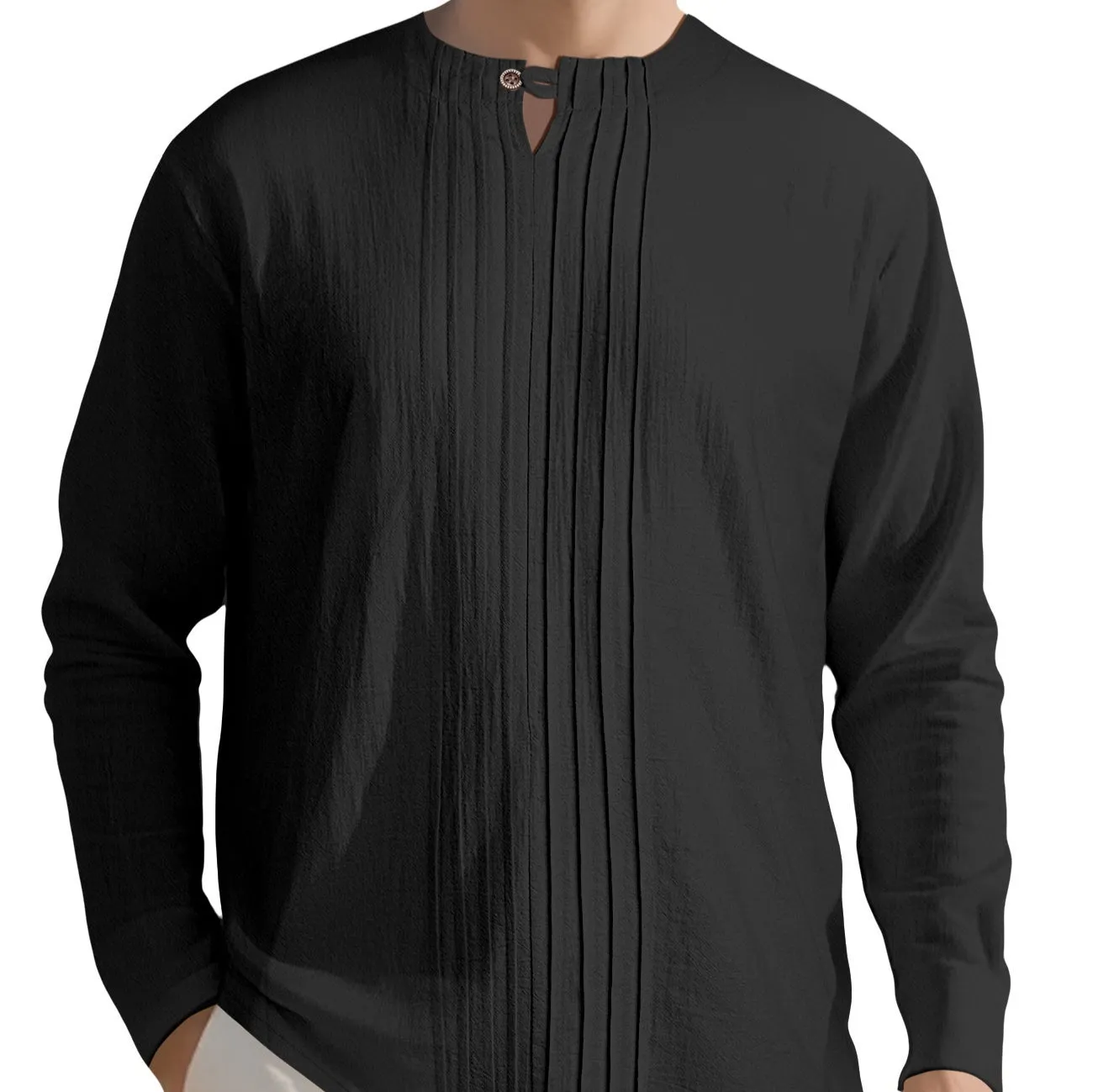 Men's casual long sleeve solid colour linen style top in polyester, available in Black, White, Khaki, Light Gray, Ocean Green, Light Blue