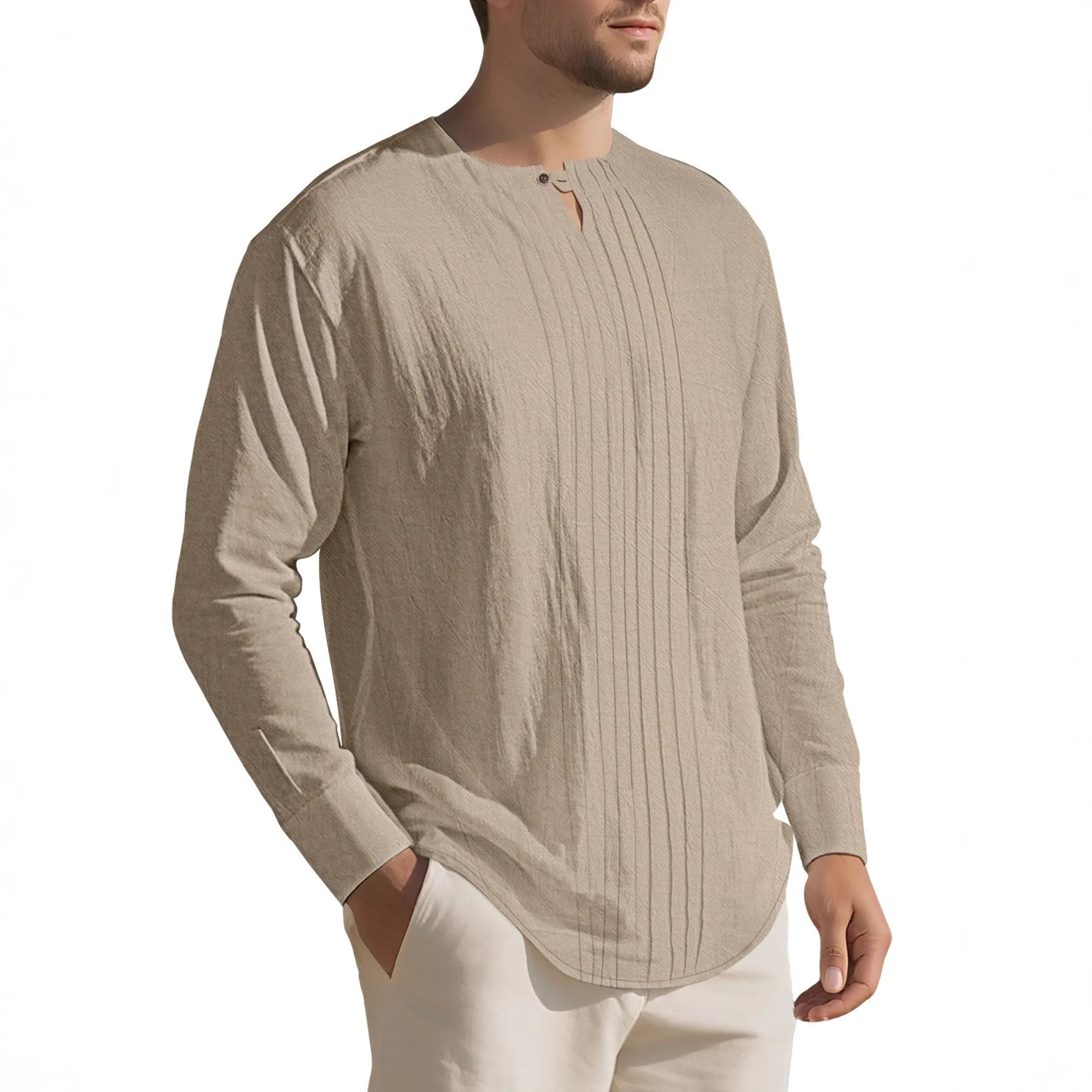 Men's casual long sleeve solid colour linen style top in polyester, available in Black, White, Khaki, Light Gray, Ocean Green, Light Blue