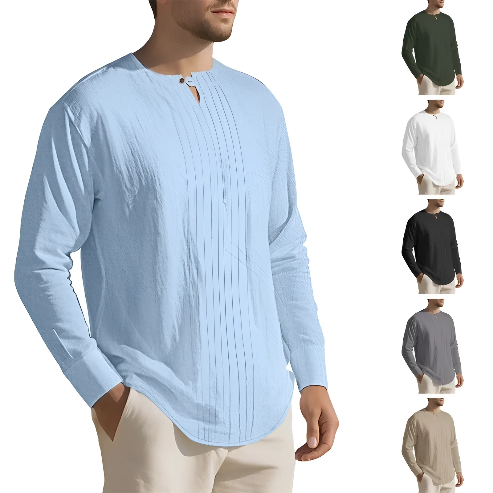 Men's casual long sleeve solid colour linen style top in polyester, available in Black, White, Khaki, Light Gray, Ocean Green, Light Blue