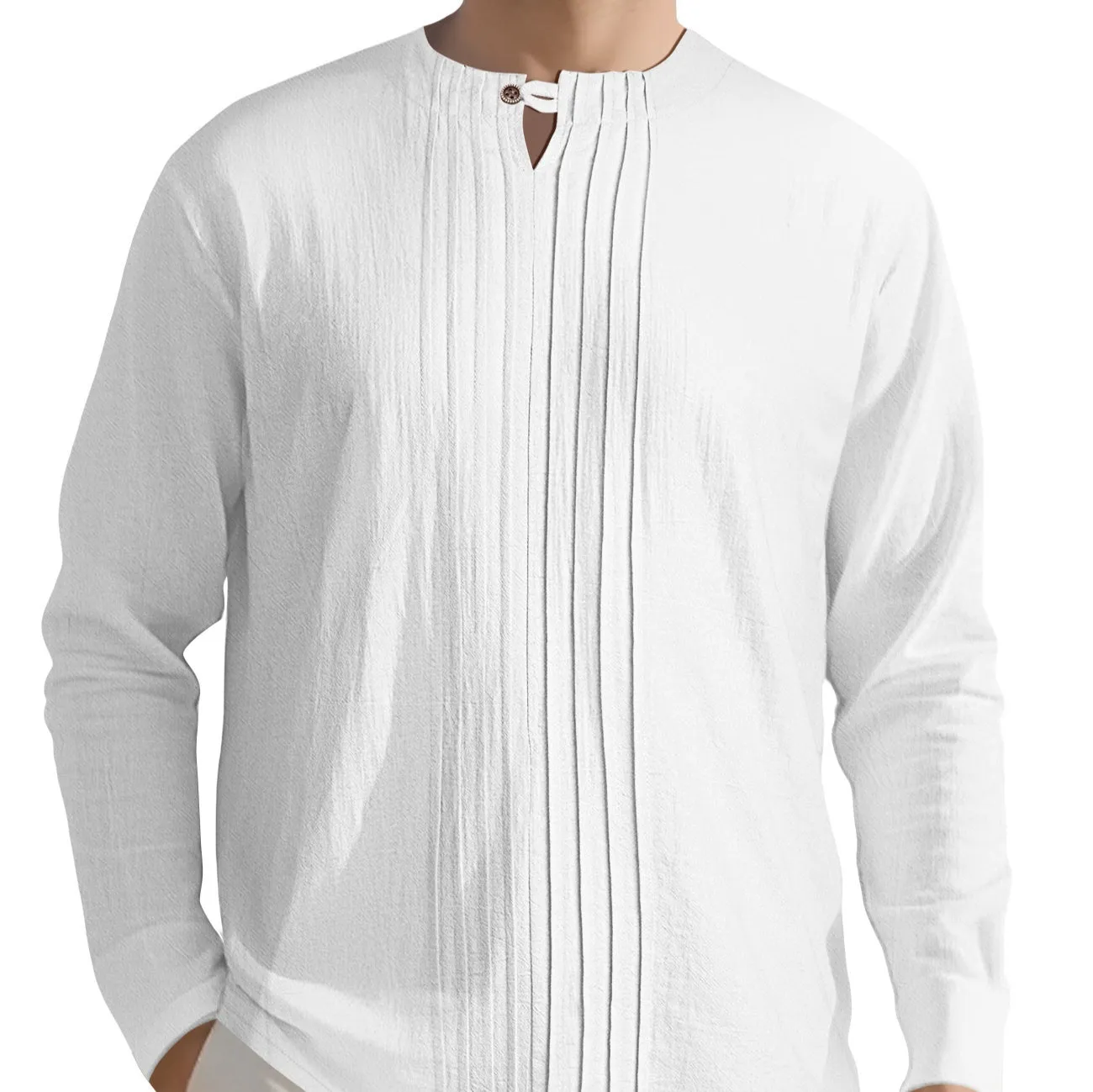 Men's casual long sleeve solid colour linen style top in polyester, available in Black, White, Khaki, Light Gray, Ocean Green, Light Blue