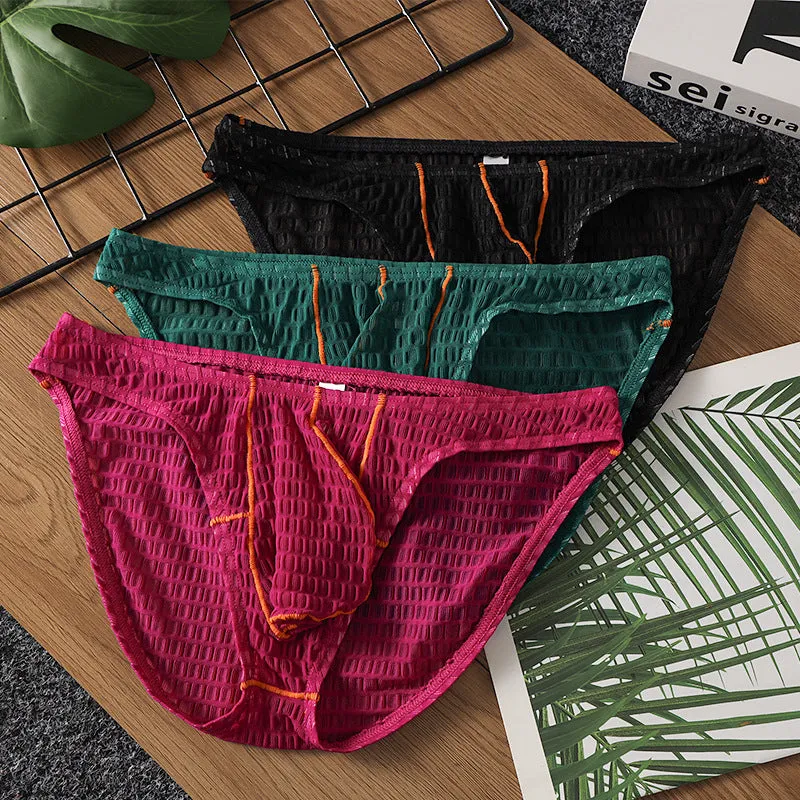 Men's low waist lace briefs in ice silk fabric for sports in multiple solid colours